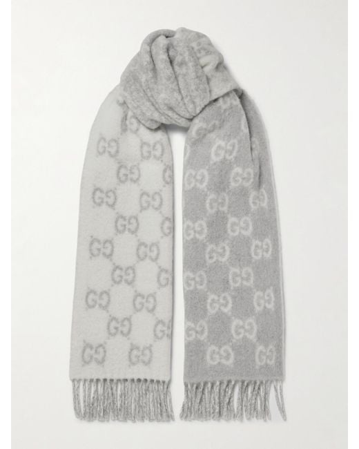 Gucci Gray Fringed Jacquard-Knit Scarf
