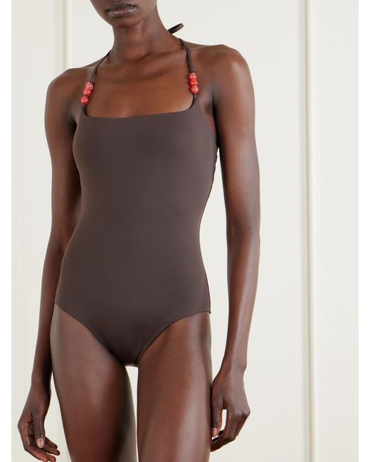 Staud Brown Laird Embellished Halterneck Swimsuit