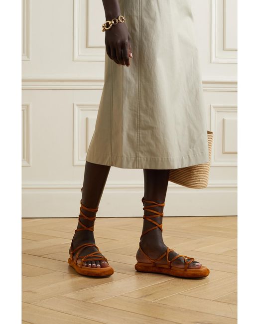 Khaite Brown Alba Leather-Trimmed Suede Sandals
