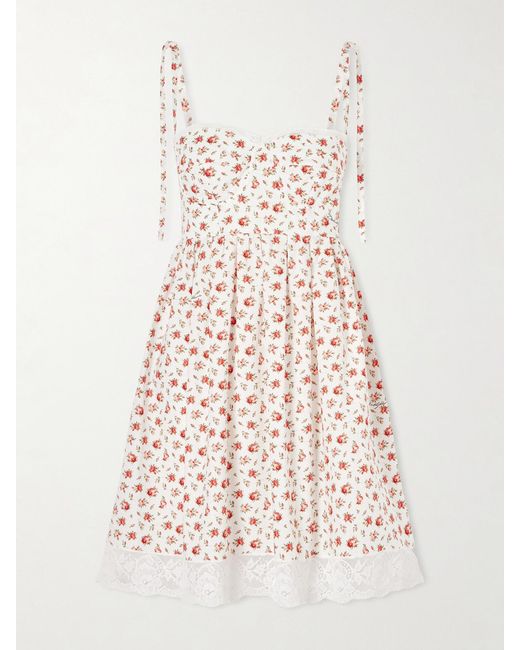 Dolce & Gabbana Natural Lace-Trimmed Floral-Print Cotton-Blend Poplin Bustier Mini Dress