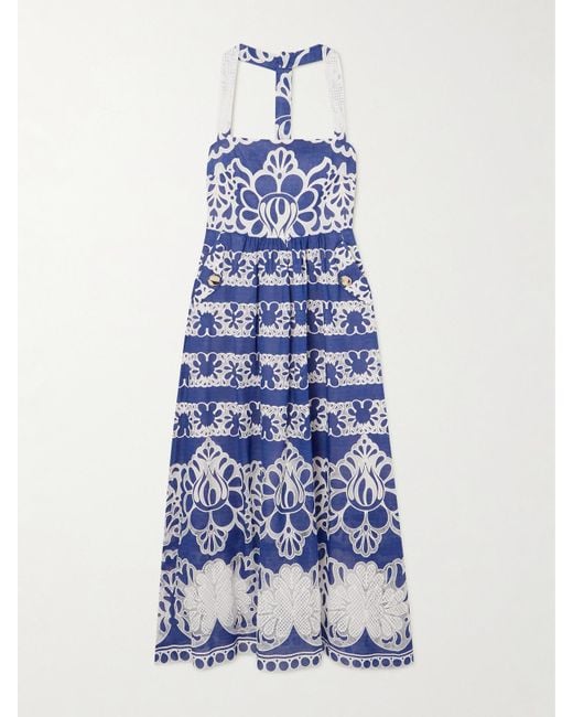 Borgo De Nor Blue Mavaro Lace-Trimmed Embroidered Cotton-Blend Midi Dress