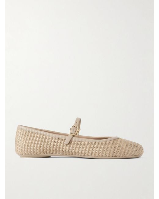 Gianvito Rossi Carla Leather-Trimmed Raffia Mary Jane Ballet Flats in ...