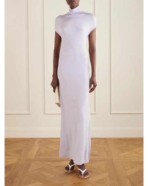 Colleen Allen Pink Open-Back Jersey Turtleneck Gown
