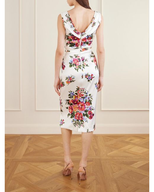 Dolce & Gabbana White Off-The-Shoulder Floral-Print Satin Midi Dress