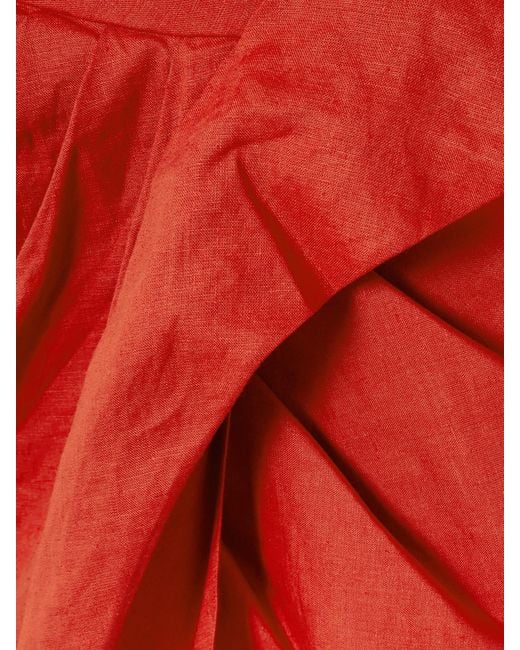 Johanna Ortiz Red Salsero One-Shoulder Knotted Ruffled Draped Linen Midi Dress