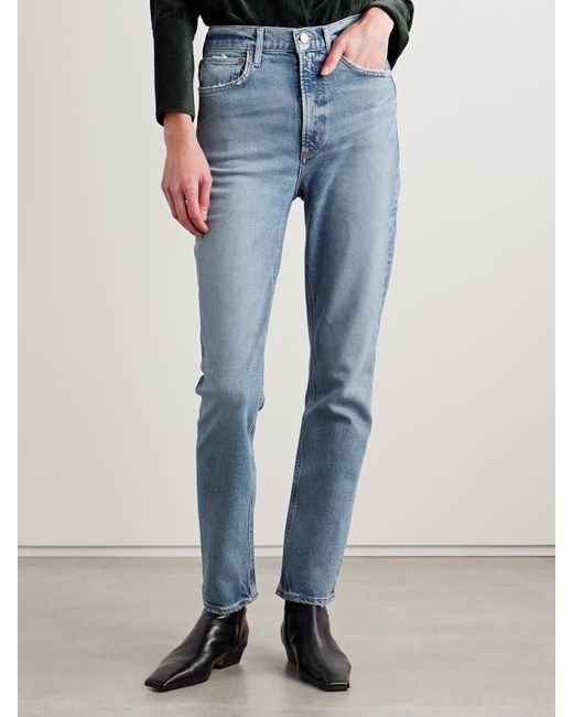 Agolde Blue High Rise Stovepipe Frayed Straight-Leg Organic Jeans