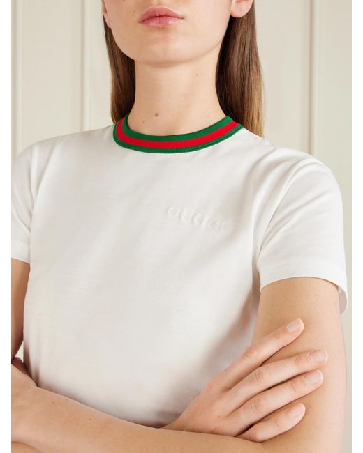 Gucci White Cropped Striped Embroidered Cotton-Jersey T-Shirt