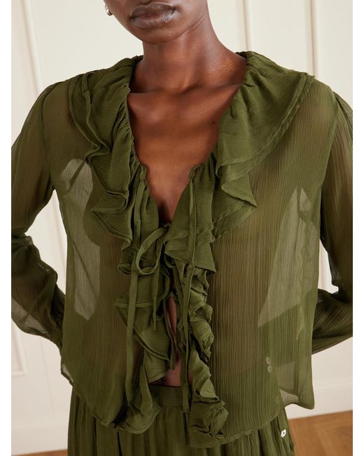 Bode Green Flounce Ruffled Silk-Crepon Blouse