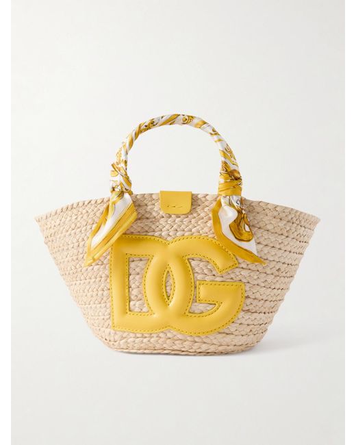 Dolce & Gabbana Metallic Maiolica Leather And Twill-Trimmed Raffia Tote Bag