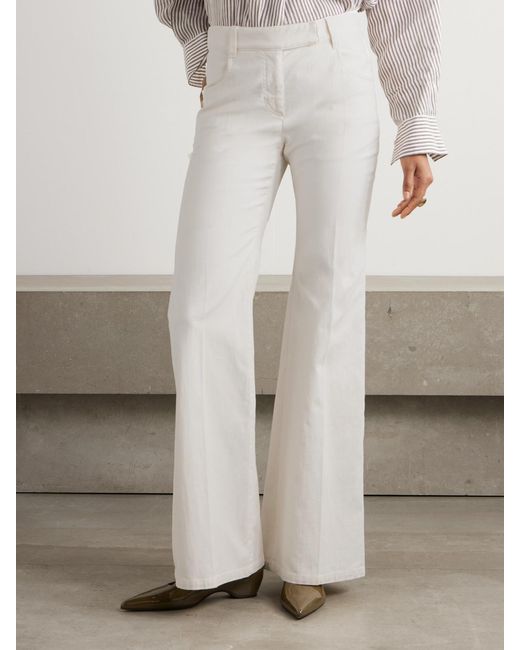 Brunello Cucinelli White Cotton-Blend Twill Flared Pants