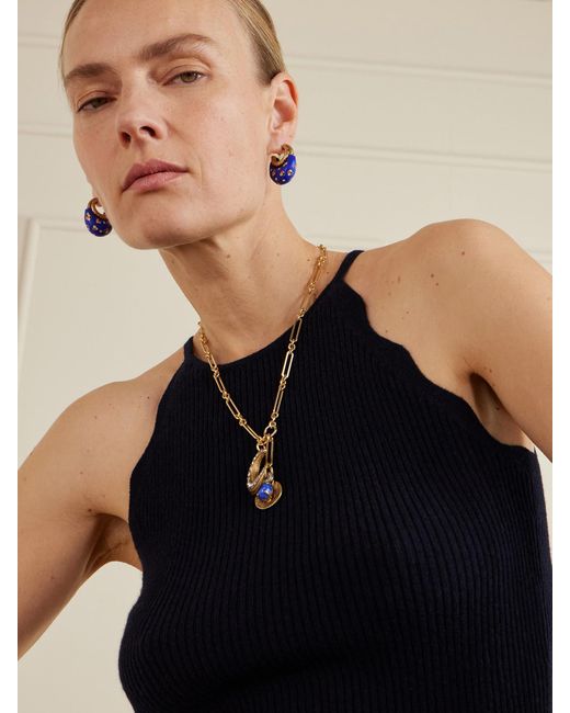 Maison Mayle White Soli Luna-Plated, Crystal And Lapis Lazuli Necklace
