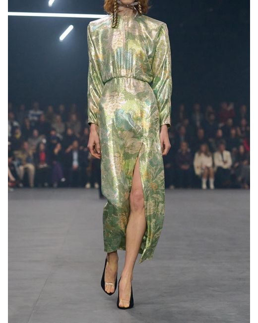 Valentino Garavani Green Cut-Out Floral-Print Silk-Blend Lamé Midi Dress