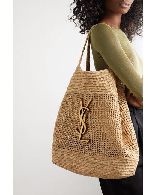 Saint Laurent Natural Icare Maxi Embellished Leather-Trimmed Raffia Tote