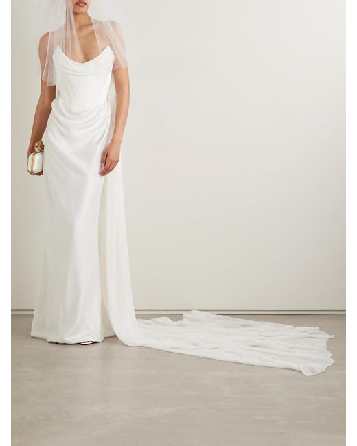 Vivienne Westwood White Galaxy Cape-Effect Strapless Organic Silk Chiffon-Trimmed Satin Gown