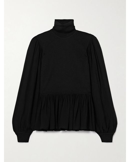 Ulla Johnson Black Liana Peplum Wool And Silk-Blend And Chiffon Turtleneck Sweater