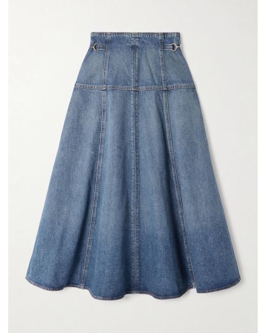 Ulla Johnson Blue The Brigette Embellished Paneled Denim Midi Skirt