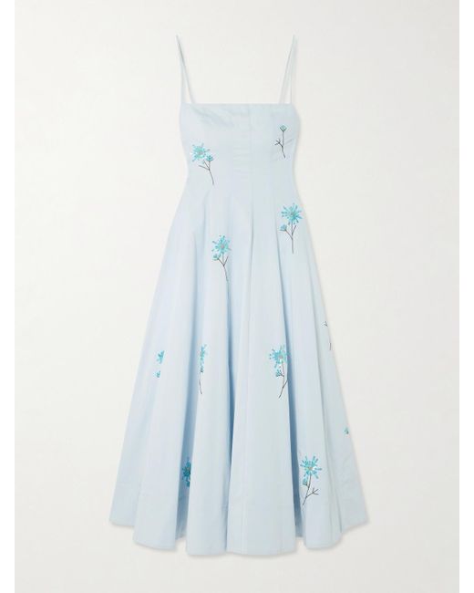 Staud Blue Wylie Embellished Embroidered Cotton-Blend Poplin Midi Dress