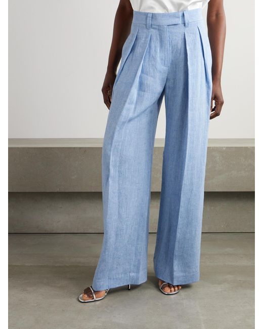 Brunello Cucinelli Blue Pleated Linen-Blend Wide-Leg Pants