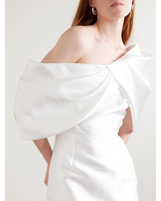 Solace London White Davina Off-The-Shoulder Draped Faille Gown