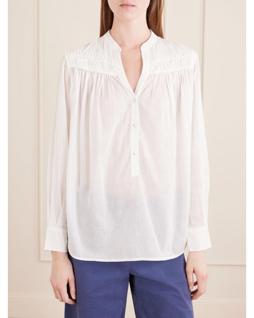 Nili Lotan White Clarys Embroidered Gathered Cotton-Voile Blouse
