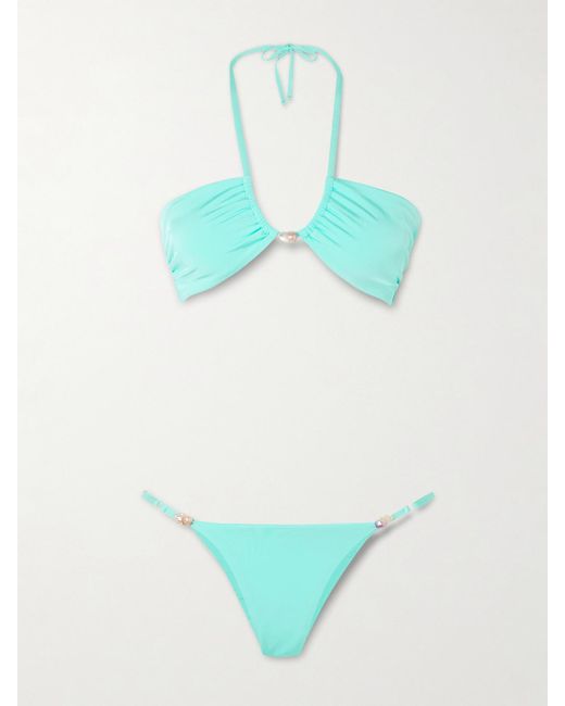 SARA CRISTINA Green Bahia Pearl-Embellished Stretch-Econyl Halterneck Bikini