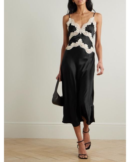 Doen Black Obelia Corded Lace-Trimmed Silk-Satin Midi Dress