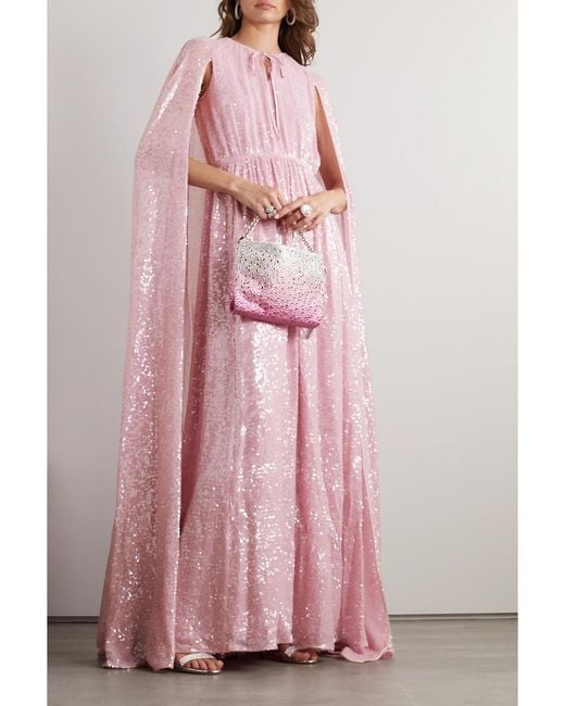 Erdem Pink Kenley Cape-Effect Gathered Sequined Chiffon Gown