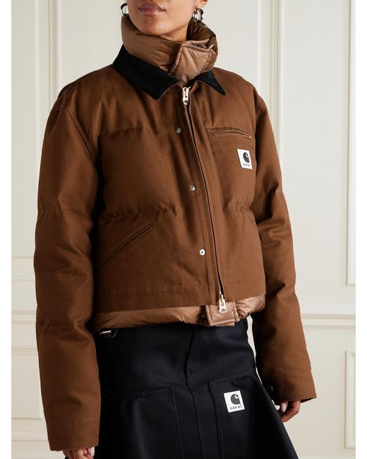 Sacai Brown Carhartt Wip Cropped Corduroy-Trimmed Quilted Shell And Cotton-Canvas Down Jacket