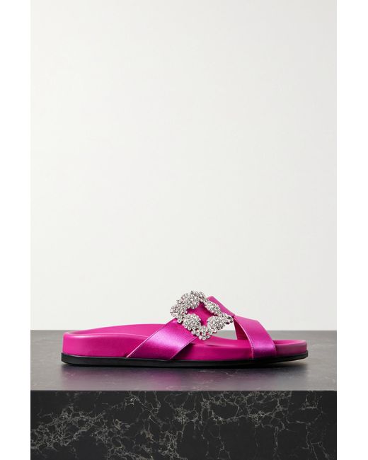 Manolo Blahnik Chilanghi Buckled Embellished Satin Slides Lyst
