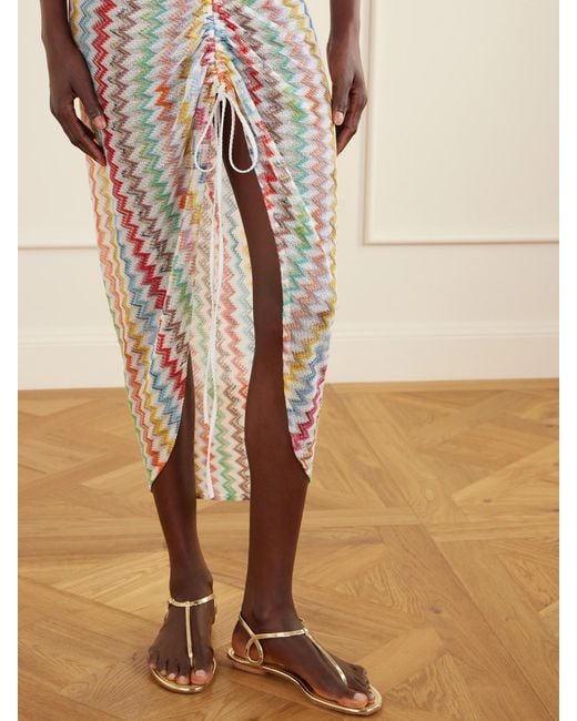 Missoni White Gathered Striped Metallic Crochet-Knit Midi Skirt