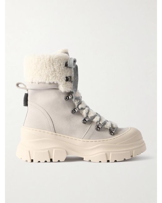 Brunello Cucinelli Natural Bead-Embellished Shearling-Lined Suede Ankle Boots