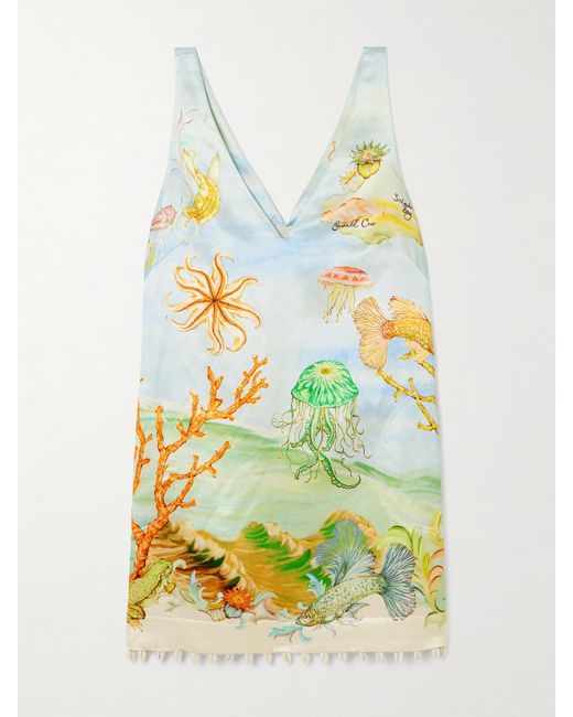 ALÉMAIS Yellow Sam Pauletto Emerald Cove Embellished Printed Hemp And Silk-Blend Mini Dress