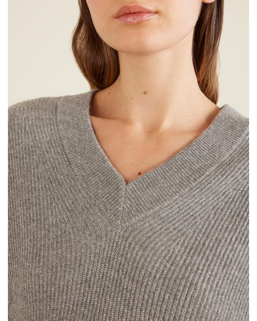 Brunello Cucinelli Gray Ribbed-Knit Metallic Cashmere-Blend Sweater
