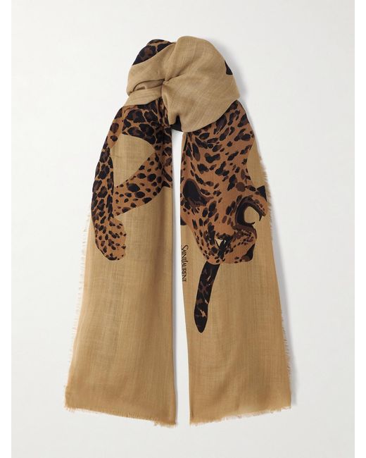 Saint Laurent Natural Frayed Printed Wool-Twill Scarf