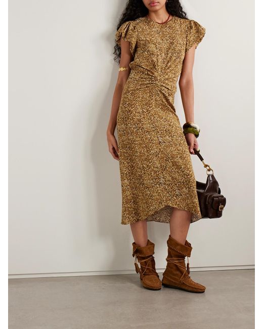 Robe Midi En Crêpe De Chine De Soie Stretch Imprimé À Fronces Terena Isabel Marant en coloris Metallic