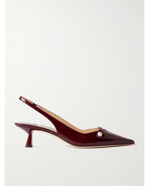 Jimmy Choo Brown Amita 45 Faux Pearl-Embellished Patent-Leather Slingback Pumps