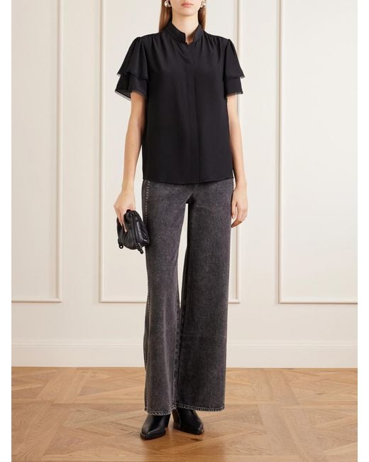 FRAME Black Arcadia Lace-Trimmed Silk Blouse
