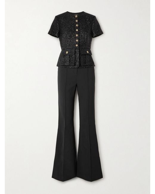 Self-Portrait Black Button-Embellished Metallic Bouclé And Crepe Peplum Jumpsuit