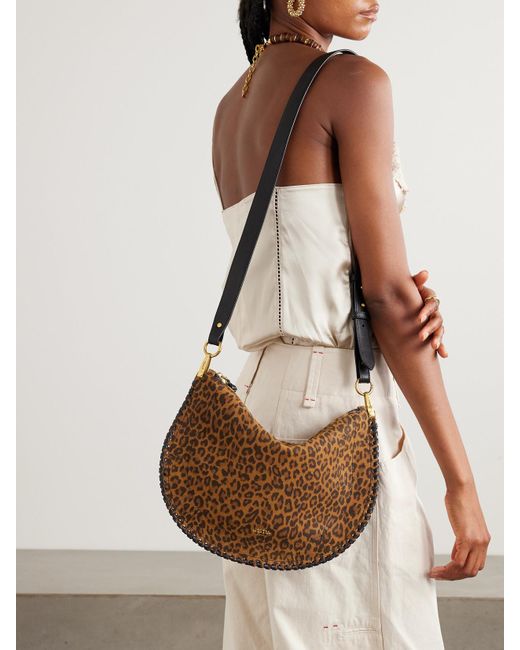 Isabel Marant White Oskan Soft Leather-Trimmed Leopard-Print Suede Shoulder Bag