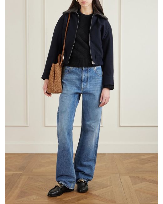 Bottega Veneta Brown Andiamo Medium Shearling-Lined Leather-Trimmed Intrecciato Suede Tote