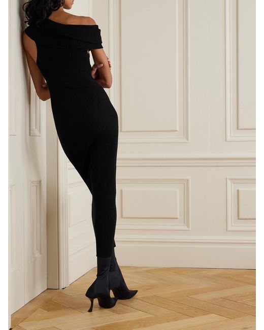 Courreges Black Twist Off-The-Shoulder Embroidered Ribbed-Knit Maxi Dress
