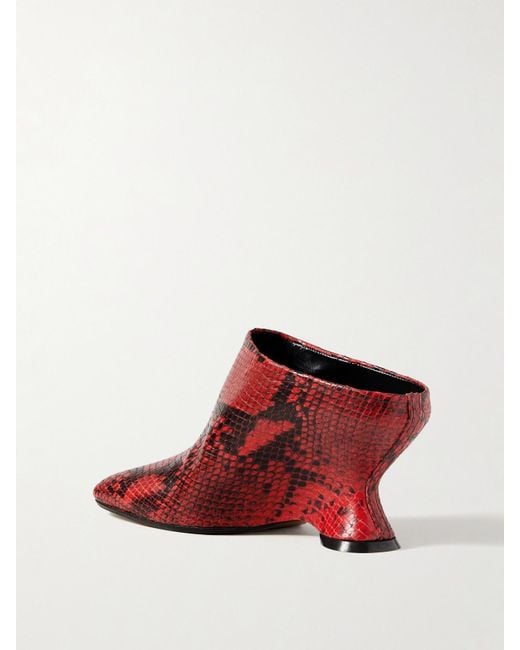 Dries Van Noten Red Snake-Effect Leather Mules