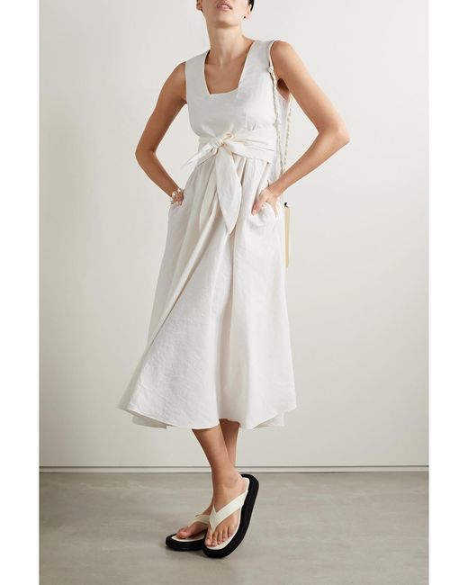 Partow White Carina Belted Crinkled-Crepe Midi Dress