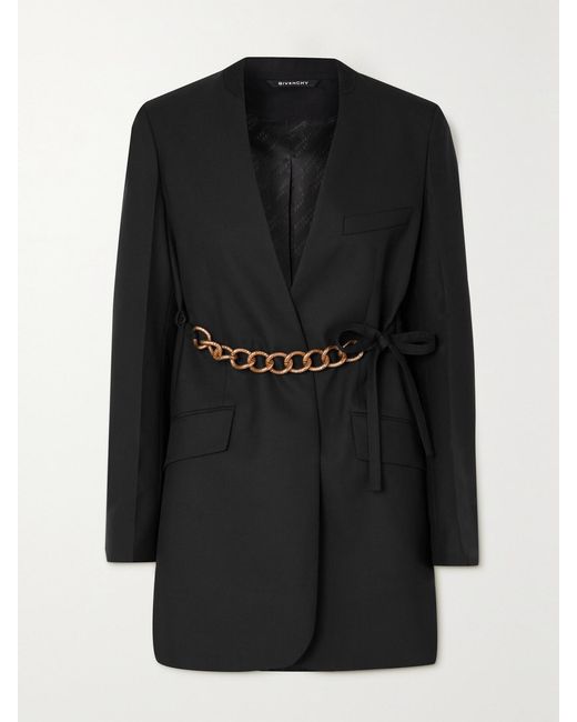 Givenchy Black Chain-Embellished Wool Wrap Blazer