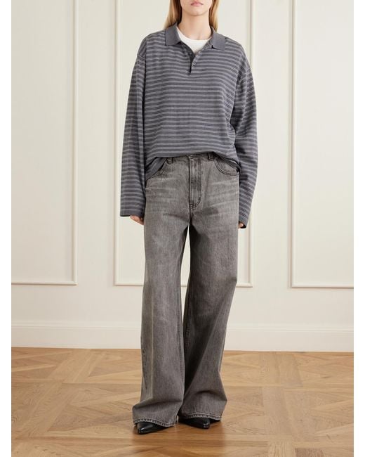 Nili Lotan Gray Foley Stripe Cotton Polo Shirt