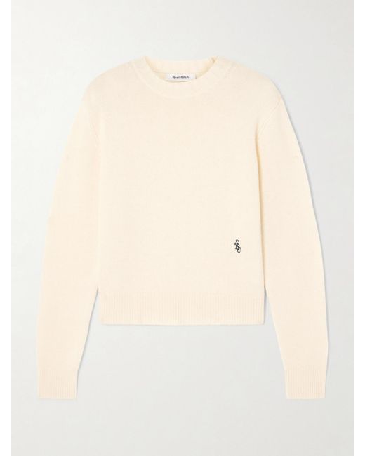Sporty & Rich Natural Src Cropped Embroidered Cashmere And Wool-Blend Sweater