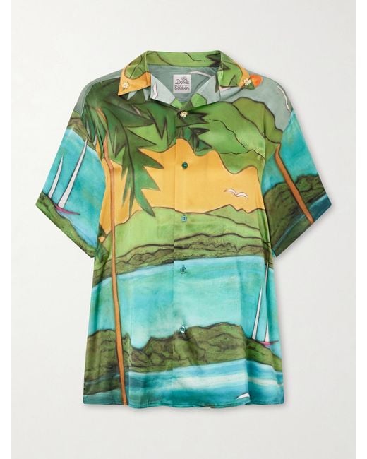 Donde Esteban Green Magdalena Printed Silk-Blend Satin Shirt