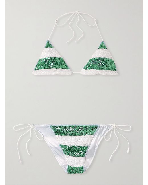 Oseree Green Lumière Candy Striped Sequined Bikini