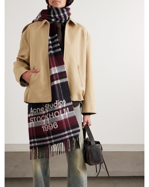 Écharpe En Laine Mélangée À Carreaux Et À Franges Acne en coloris Red