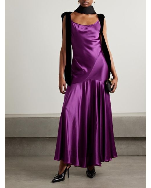 Nina Ricci Purple Maxikleid Aus Satin Mit Samtbesätzen Zum Binden
